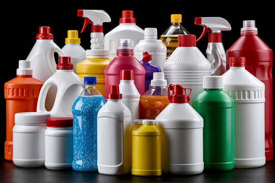 Variety of cleaning supplies on a black background