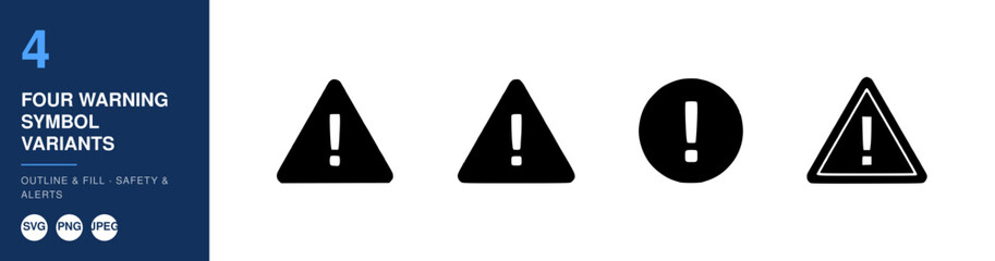 Naklejka premium Four Warning Symbol Variants in Black and Blue Design for Safety and Alerts Featuring Alert, Caution, Danger with Exclamation