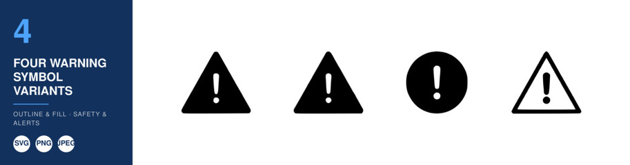 Naklejka premium Four Warning Symbol Variants in Black and Blue Design Layout Featuring Alert, Caution, Triangle with Exclamation and Danger