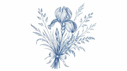 Obraz premium Blue ink drawing of iris flower bouquet with ribbon bow