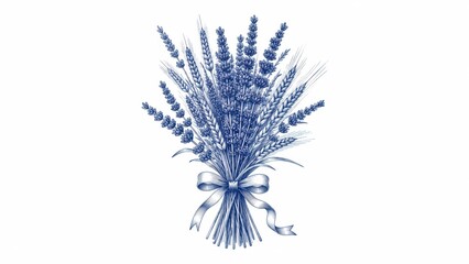 Obraz premium Blue ink bouquet of lavender and wheat tied with ribbon