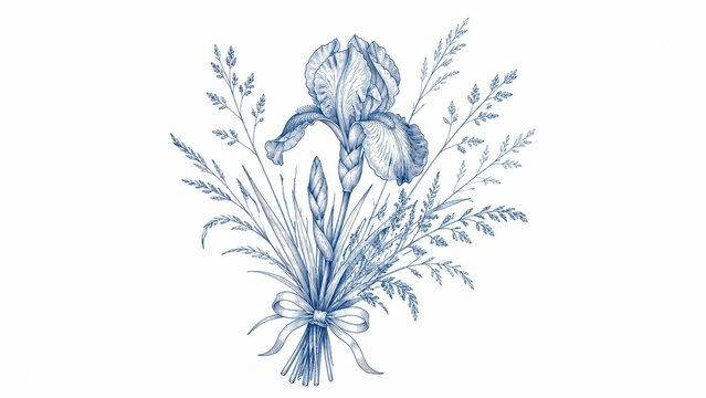 Blue ink drawing of iris flower bouquet with ribbon bow