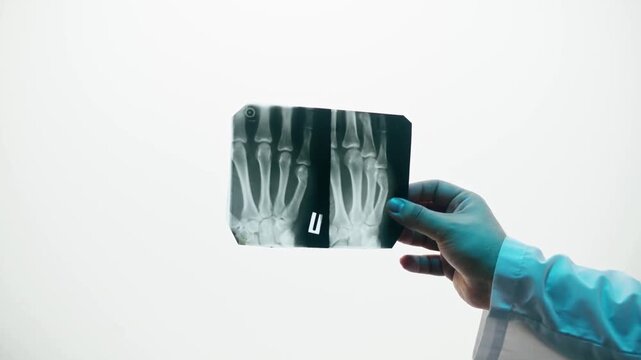 Close Up Doctor Reviewing Human Hand X Ray for Bone Injury