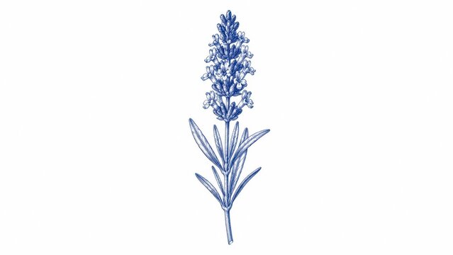 Blue ink botanical illustration of a lavender flower stem
