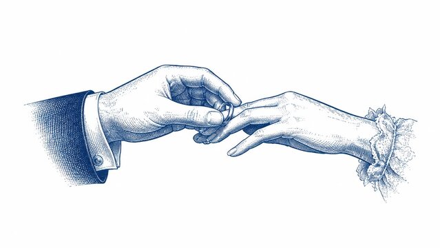 Vintage engraved hand placing a ring on another hand