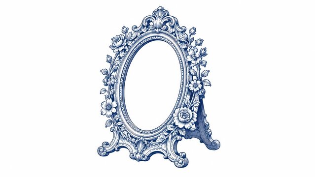 Ornate oval floral frame in vintage blue line art