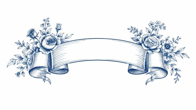 Vintage floral ribbon banner with engraved blue line art