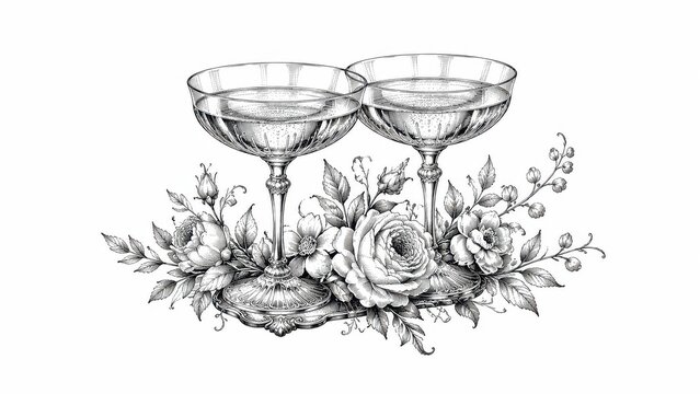 Vintage line art of two coupe glasses with floral arrangement