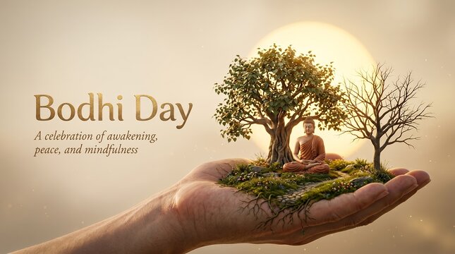 Enlightened Buddha Meditation Under Sacred Tree Held in Open Hand with Gentle Sun Rays