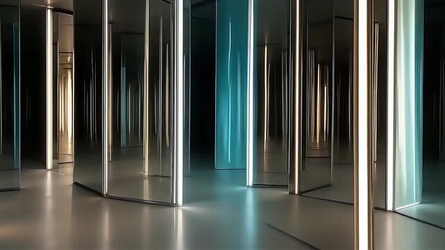 Dynamic Light Installation with Reflective Surfaces Creating an Infinite Colorful Corridor.