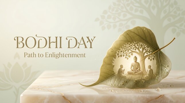 Artistic Bodhi Day Spiritual Enlightenment Symbolism with Buddha and Disciples inside a Leaf