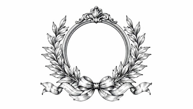 Vintage oval floral frame with laurel branches and ribbon