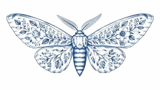 Blue line art moth with floral patterns on spread wings