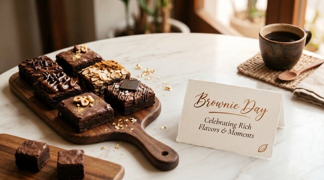 Delicious Assortment of Gourmet Brownies with Toppings and Coffee Celebration Card