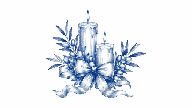 Blue engraved illustration of candles with ribbon and leaves