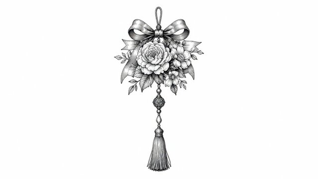 Monochrome floral hanging ornament with ribbon bow and tassel