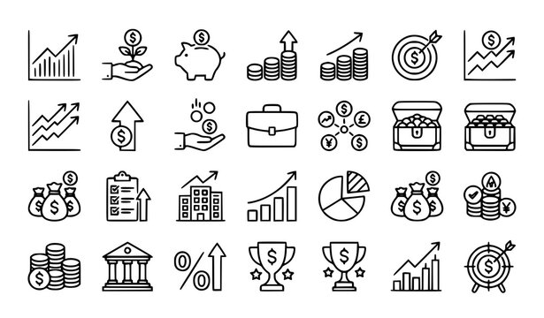 Financial growth and success editable thin line icon set with investment profit revenue savings and wealth