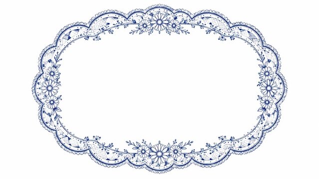 Ornate blue floral lace oval frame on white background