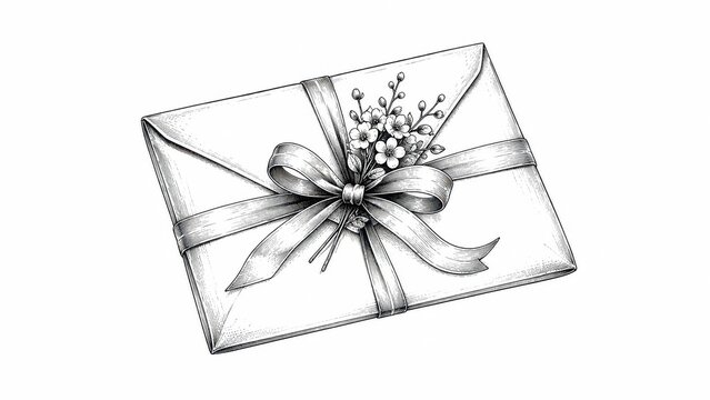 Hand drawn envelope gift with ribbon bow and floral decoration