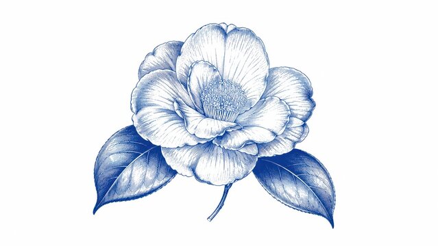 Blue botanical flower engraving with leaves on white background