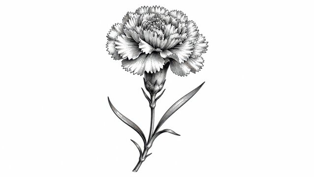 Black and white botanical illustration of a carnation flower