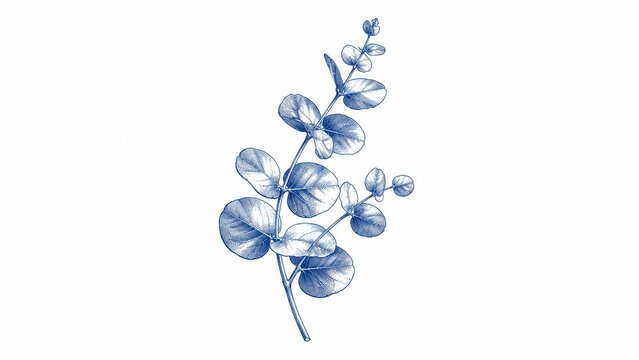Blue botanical illustration of a eucalyptus branch on white