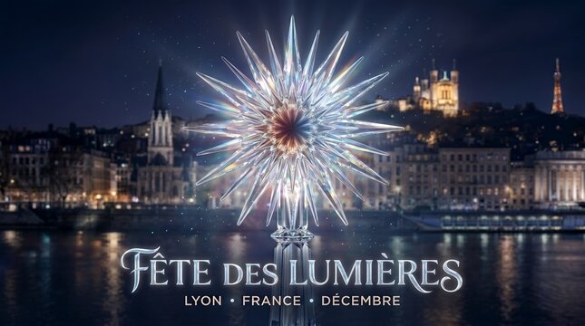 Elaborate Crystal Star Decoration Above a Cityscape at Night with Text