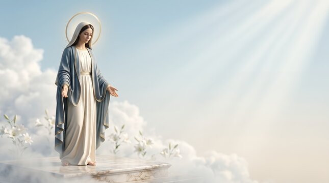 Divine Ascension of the Blessed Virgin Mary with Halo and Lily Flowers in a Heavenly Cloudscape