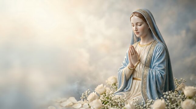 Serene Traditional Sculpture of Mary Praying Amidst White Roses and Clouds