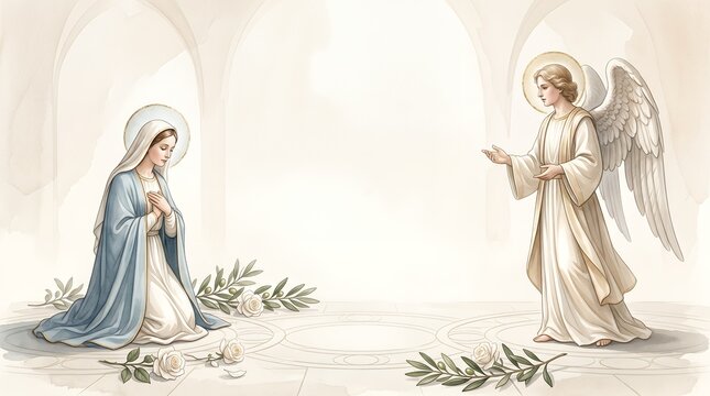 Vintage Watercolor Religious Annunciation Scene with Mary and Angel Gabriel