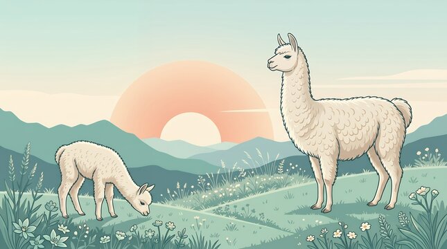 A Serene Pastoral Landscape Scene Featuring Two Llamas Grazing in a Flower Field at Sunrise