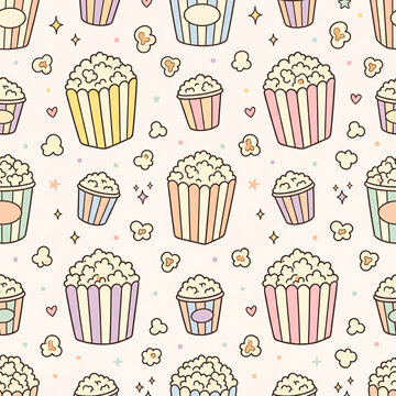 Cute Popcorn Seamless Pattern Background for Kids, Movie Night, Fabric and Wrapping Paper