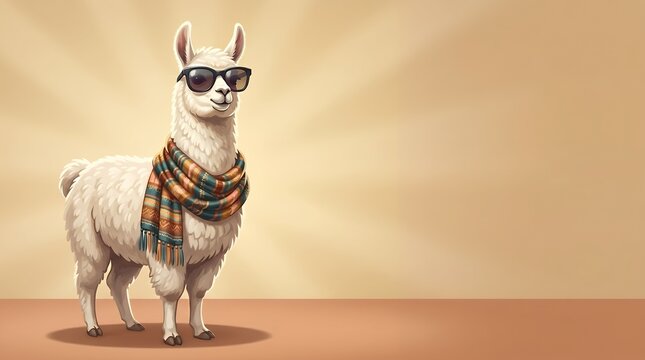 Cartoon Stylish Llama Animal Standing with Sunglasses and Striped Scarf