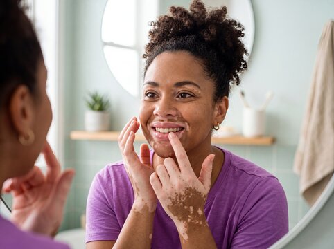 black woman vitiligo skin condition beauty confidence mirror portrait identity smiles at her reflection while touching her face for acceptance representation and inclusive wellness campaigns