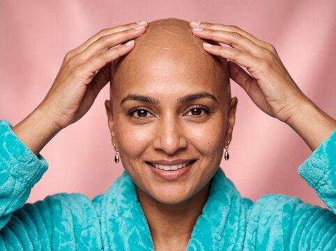 bald woman alopecia beauty confidence body acceptance skin care portrait rests both hands on her scalp with a proud smile for resilience identity and empowering body acceptance campaigns