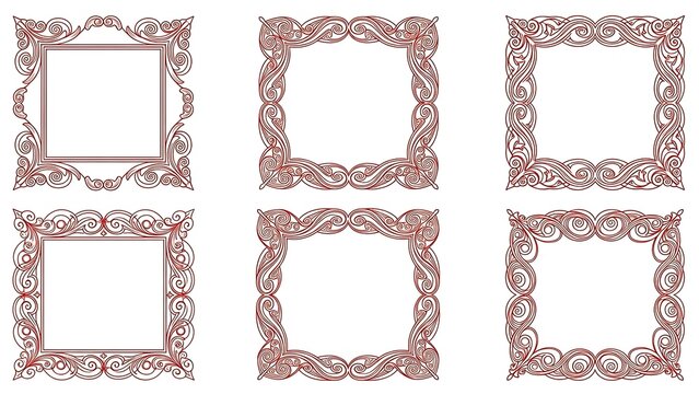 Set of six ornate decorative square frames with floral patterns