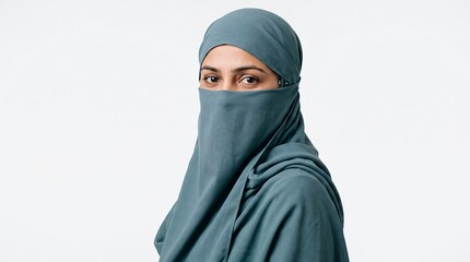 Naklejka premium Indian Muslim Woman in Muted Teal Niqab Portrait in White Studio