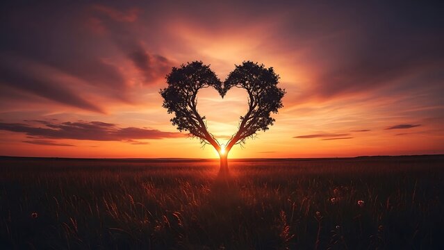 Silhouette of heart shaped trees at sunset by water