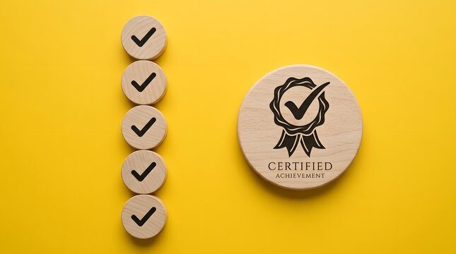 Wooden circles with check marks and a certified achievement stamp on a yellow background