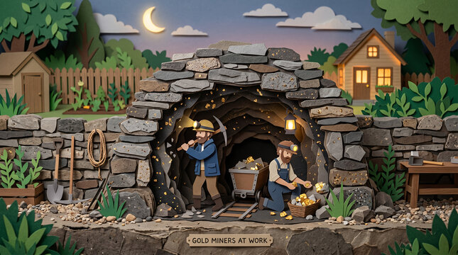 Miners work inside a stone gold mine depicted in a detailed paper craft diorama with a house.