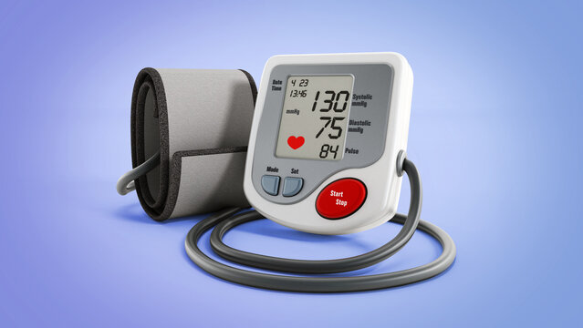 Digital blood pressure monitor isolated on purple background. 3D illustration