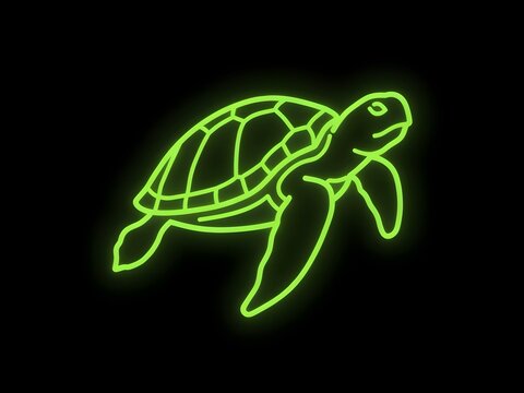 Glowing neon green sea turtle outline swimming on black background for digital design