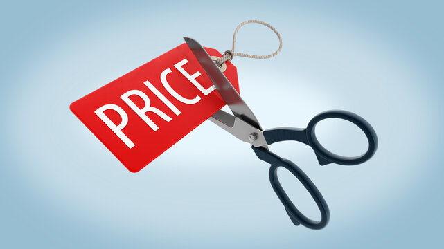 Scissors cutting price tag isolated on blue background. 3D illustration