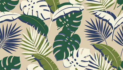 Fototapeta premium Tropical seamless pattern featuring large monstera and palm leaves in green, navy, and cream colors for wallpaper.