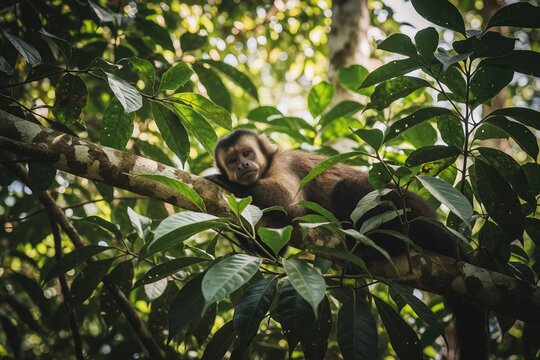 Capuchin monkey resting on tree branch in rainforest