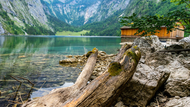 Beautiful Mountain Lake Shore in the Berchtesgaden Alps, Bavaria, Germany &ndash; Scenic Travel and Tourism Concept