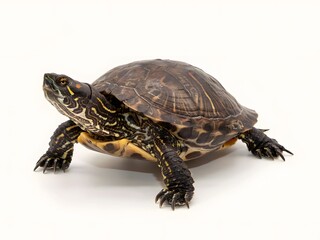 Obraz premium Close-up portrait of a freshwater pond slider turtle walking on white background