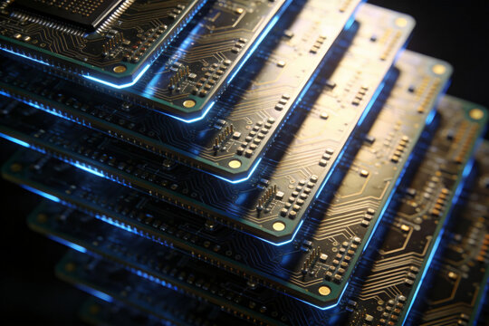 Stacked circuit boards with glowing blue light effects