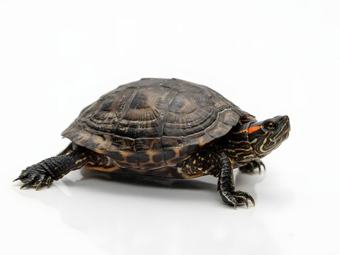 Close-up portrait of a mature wild common snapping turtle walking on white background