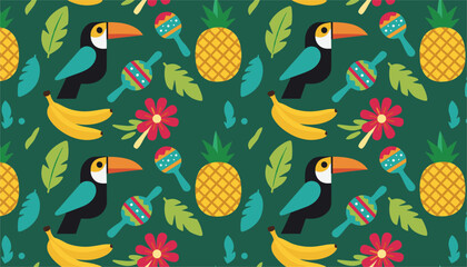 Obraz premium Exotic seamless tropical pattern featuring cute toucan birds, ripe pineapples, yellow bananas, and colorful maracas.
